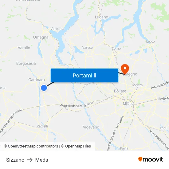 Sizzano to Meda map