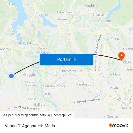 Vaprio D' Agogna to Meda map