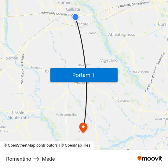 Romentino to Mede map
