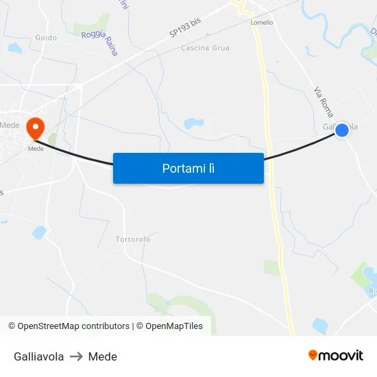 Galliavola to Mede map
