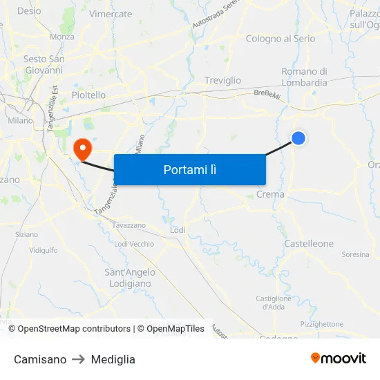 Camisano to Mediglia map