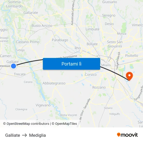 Galliate to Mediglia map