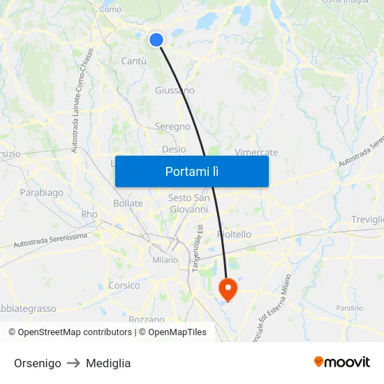 Orsenigo to Mediglia map
