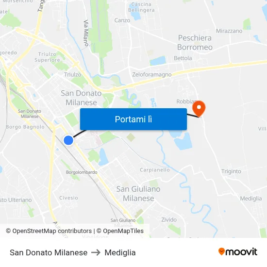 San Donato Milanese to Mediglia map