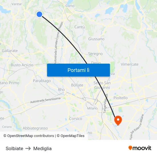 Solbiate to Mediglia map