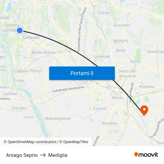 Arsago Seprio to Mediglia map
