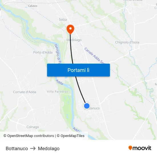 Bottanuco to Medolago map