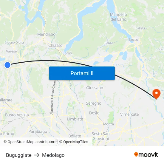 Buguggiate to Medolago map