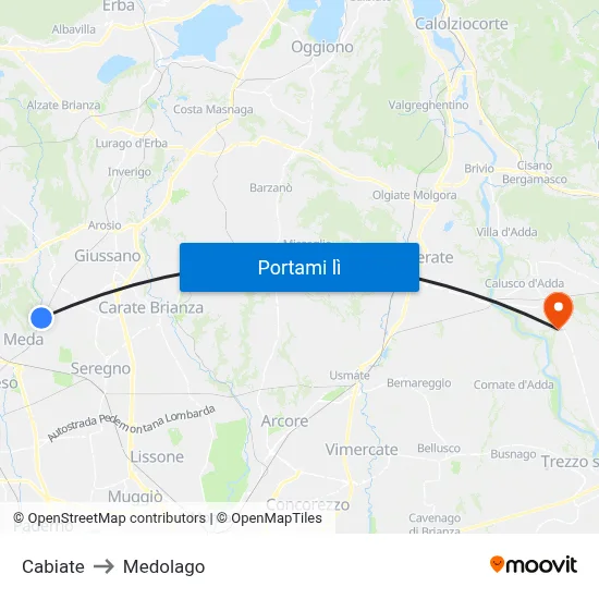 Cabiate to Medolago map
