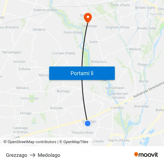 Grezzago to Medolago map