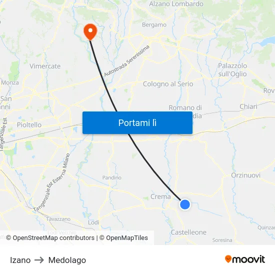 Izano to Medolago map