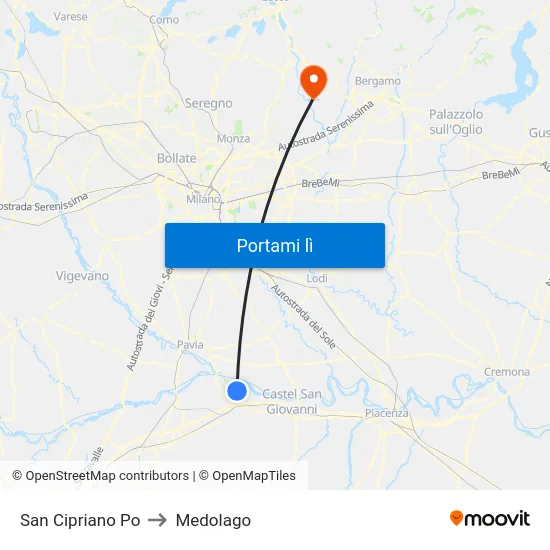 San Cipriano Po to Medolago map