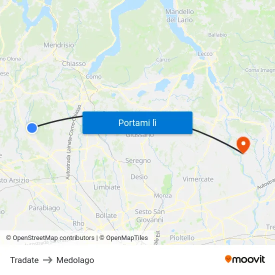 Tradate to Medolago map