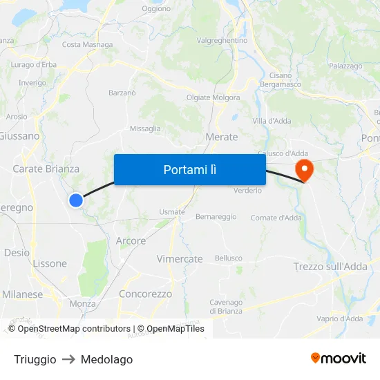 Triuggio to Medolago map