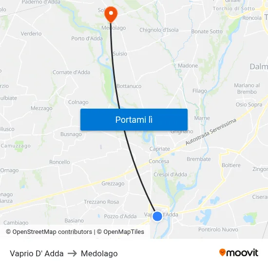 Vaprio D' Adda to Medolago map