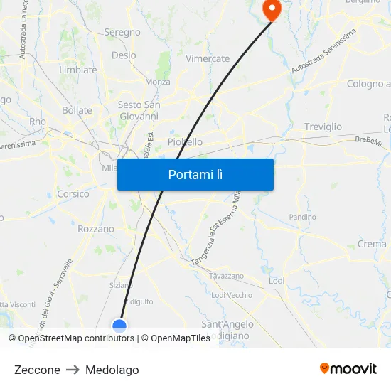 Zeccone to Medolago map