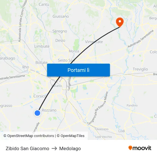 Zibido San Giacomo to Medolago map