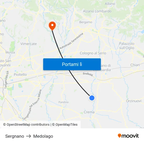 Sergnano to Medolago map