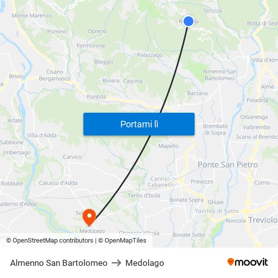 Almenno San Bartolomeo to Medolago map