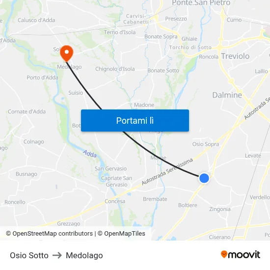 Osio Sotto to Medolago map