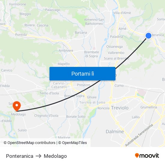 Ponteranica to Medolago map