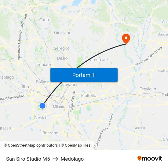 San Siro Stadio M5 to Medolago map