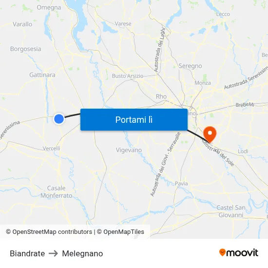 Biandrate to Melegnano map