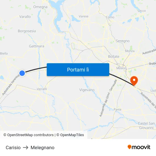 Carisio to Melegnano map