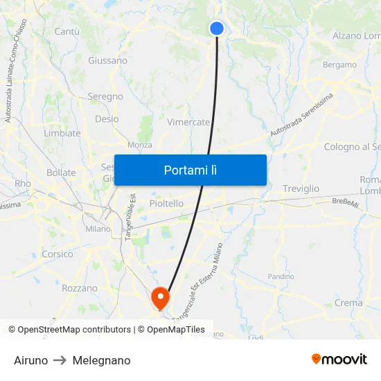 Airuno to Melegnano map