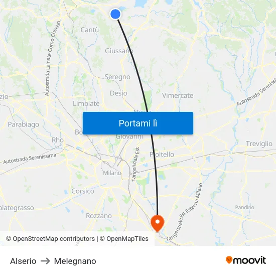 Alserio to Melegnano map