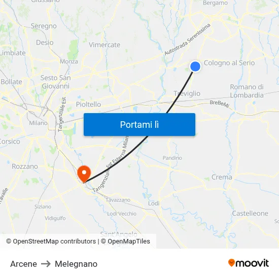 Arcene to Melegnano map