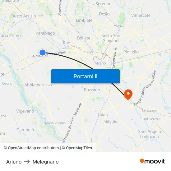 Arluno to Melegnano map