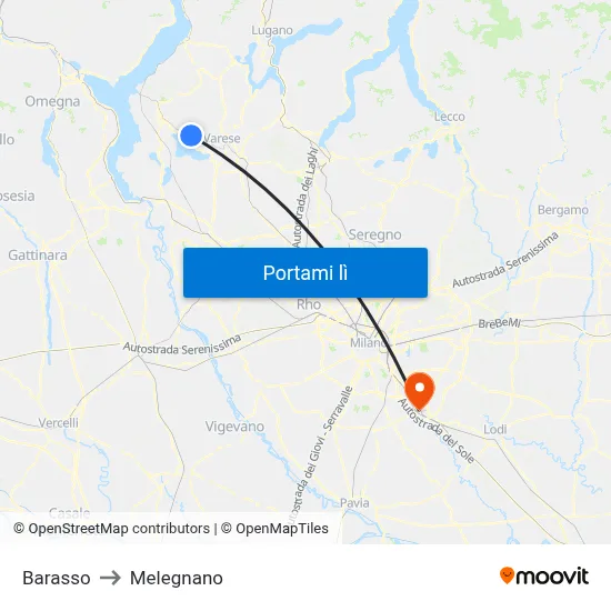 Barasso to Melegnano map