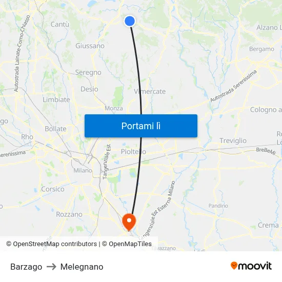 Barzago to Melegnano map