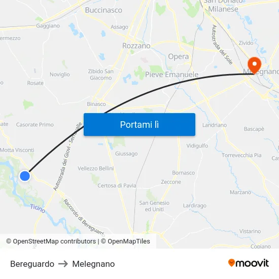 Bereguardo to Melegnano map