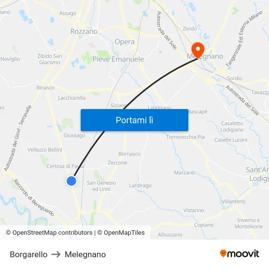 Borgarello to Melegnano map