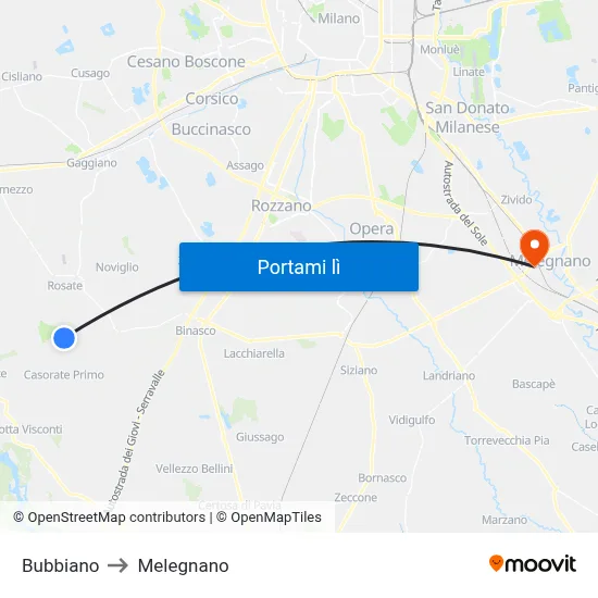 Bubbiano to Melegnano map