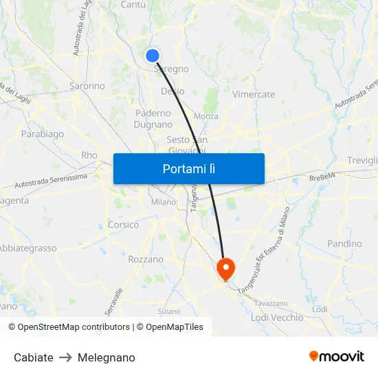 Cabiate to Melegnano map