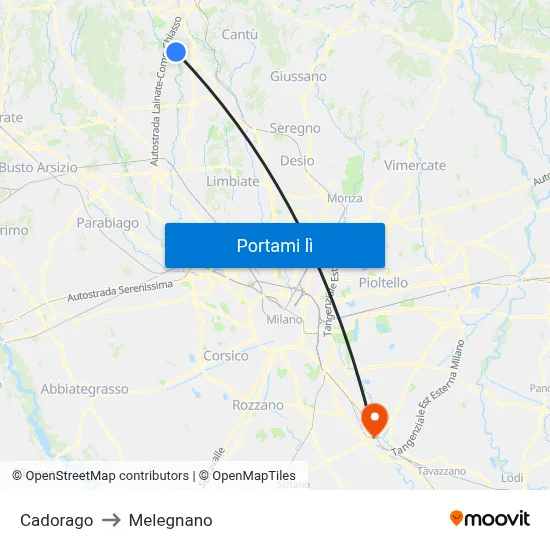 Cadorago to Melegnano map