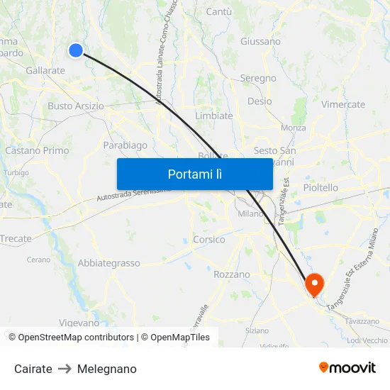 Cairate to Melegnano map