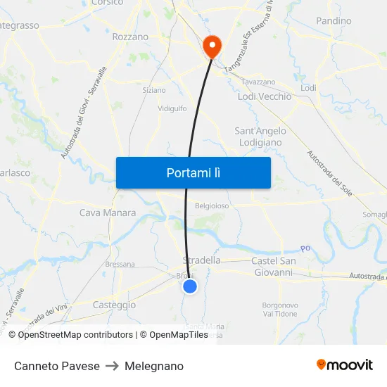 Canneto Pavese to Melegnano map
