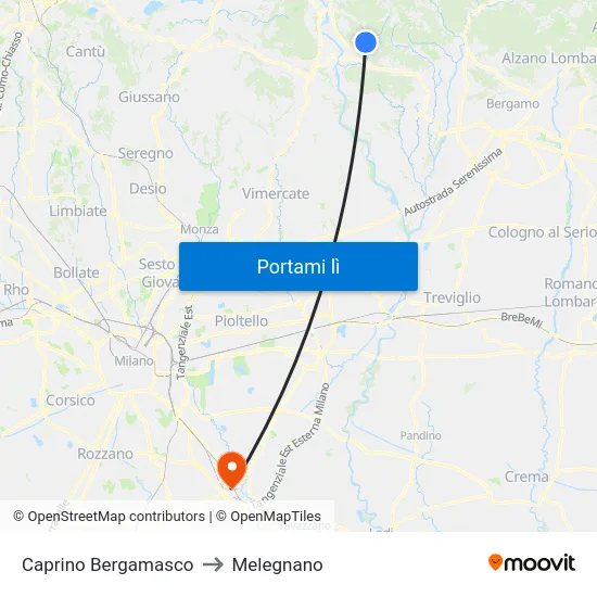 Caprino Bergamasco to Melegnano map