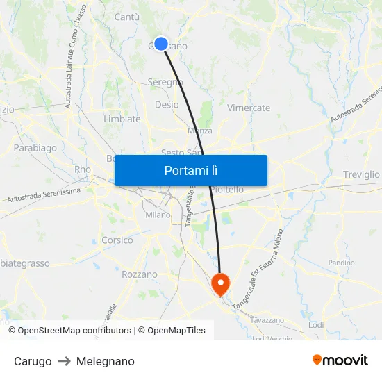 Carugo to Melegnano map