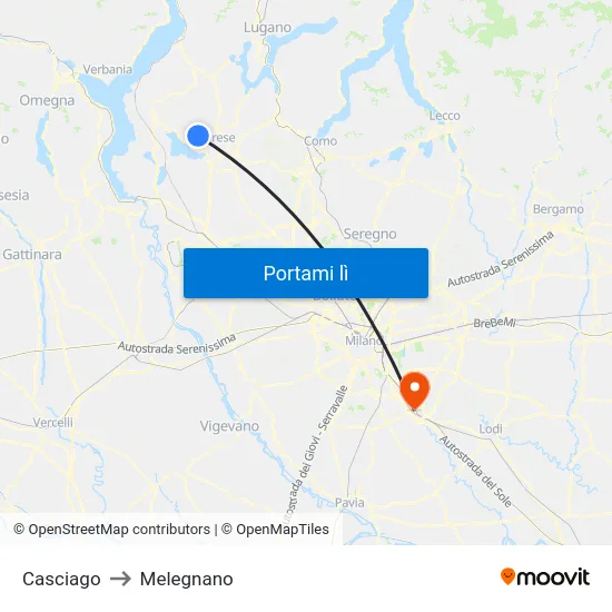 Casciago to Melegnano map