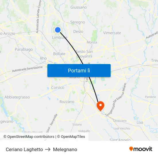 Ceriano Laghetto to Melegnano map