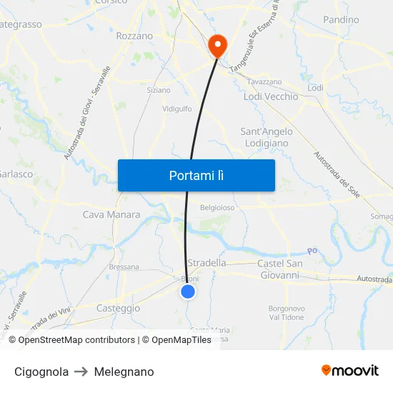 Cigognola to Melegnano map