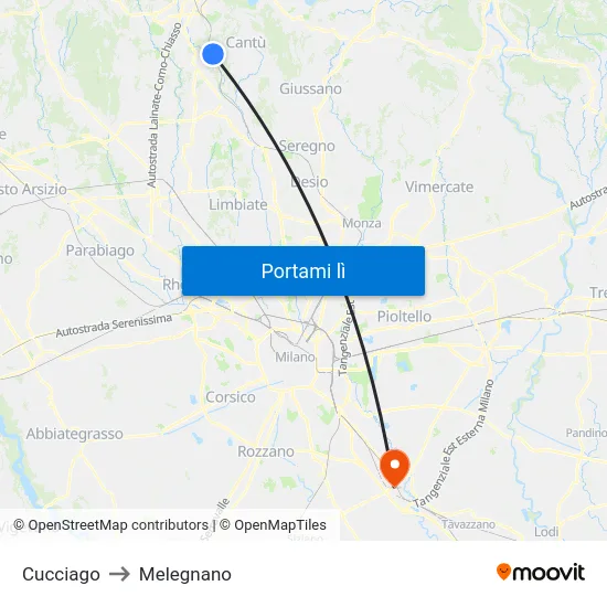 Cucciago to Melegnano map