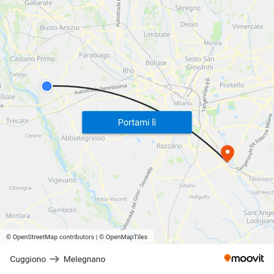Cuggiono to Melegnano map