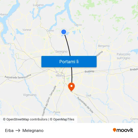 Erba to Melegnano map