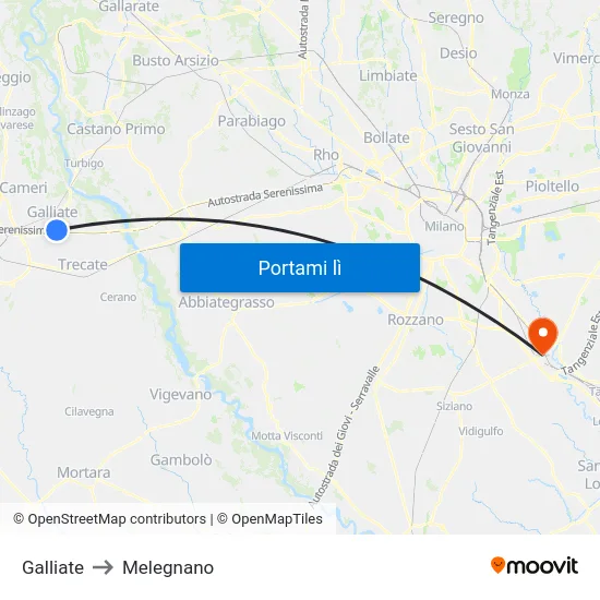 Galliate to Melegnano map